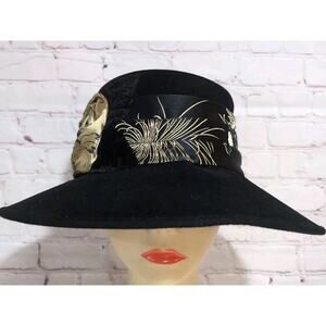 Louise Green Black Wide Brim Asymmetrical Hat Front Dipped Brim Gold Floral Bow